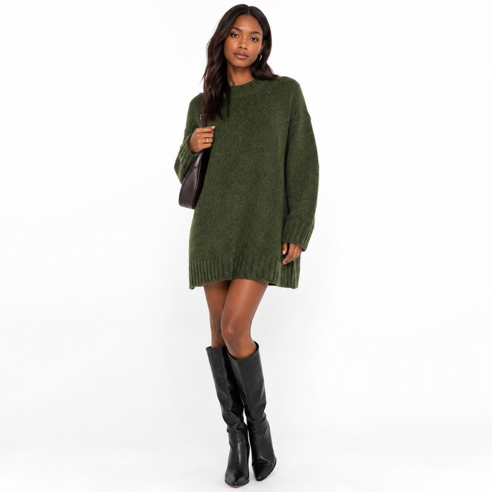 Topshop Green Knit Mock Neck Sweater Dress Long Sleeve Casual Cozy Fall Size M